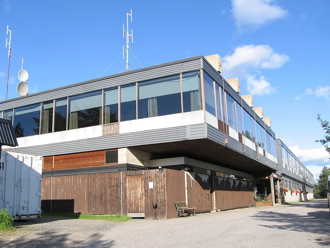 Modern timber and glass exterior of Lapland Hotels Sky Ounasvaara