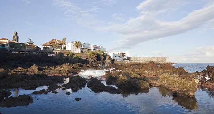 Rocky seafront and waterfront buildings in Puerto de la Cruz, Tenerife